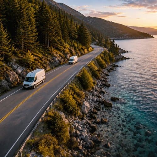 White Cargo Vans on Scenic Lakeside Mountain Highway at Sunset White Cargo Vans on Scenic Lakeside Mountain Highway at Sunset