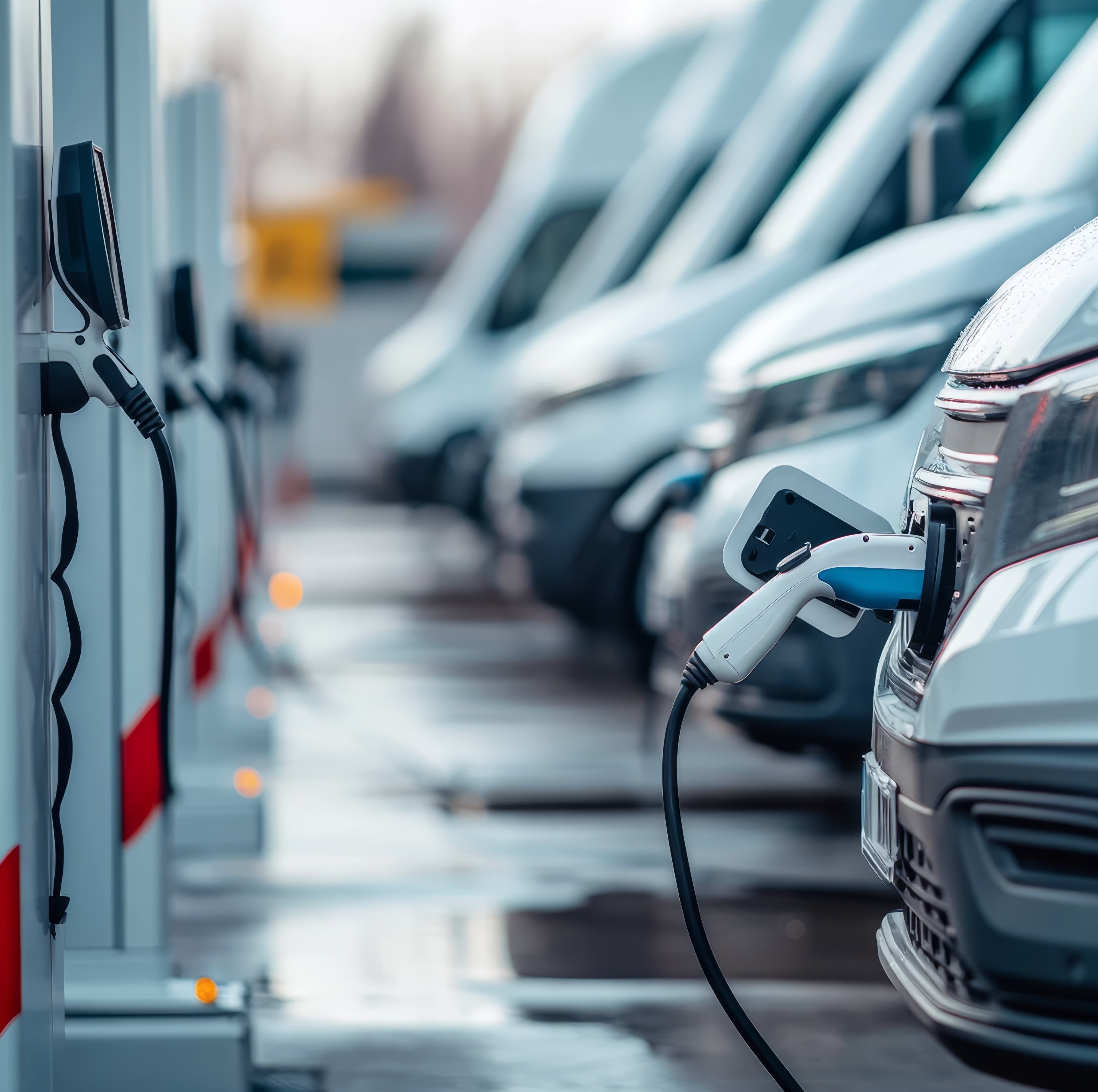 EV fleet charging infrastructure with electric vehicles connected to chargers at a fleet facility EV fleet charging infrastructure with electric vehicles connected to chargers at a fleet facility