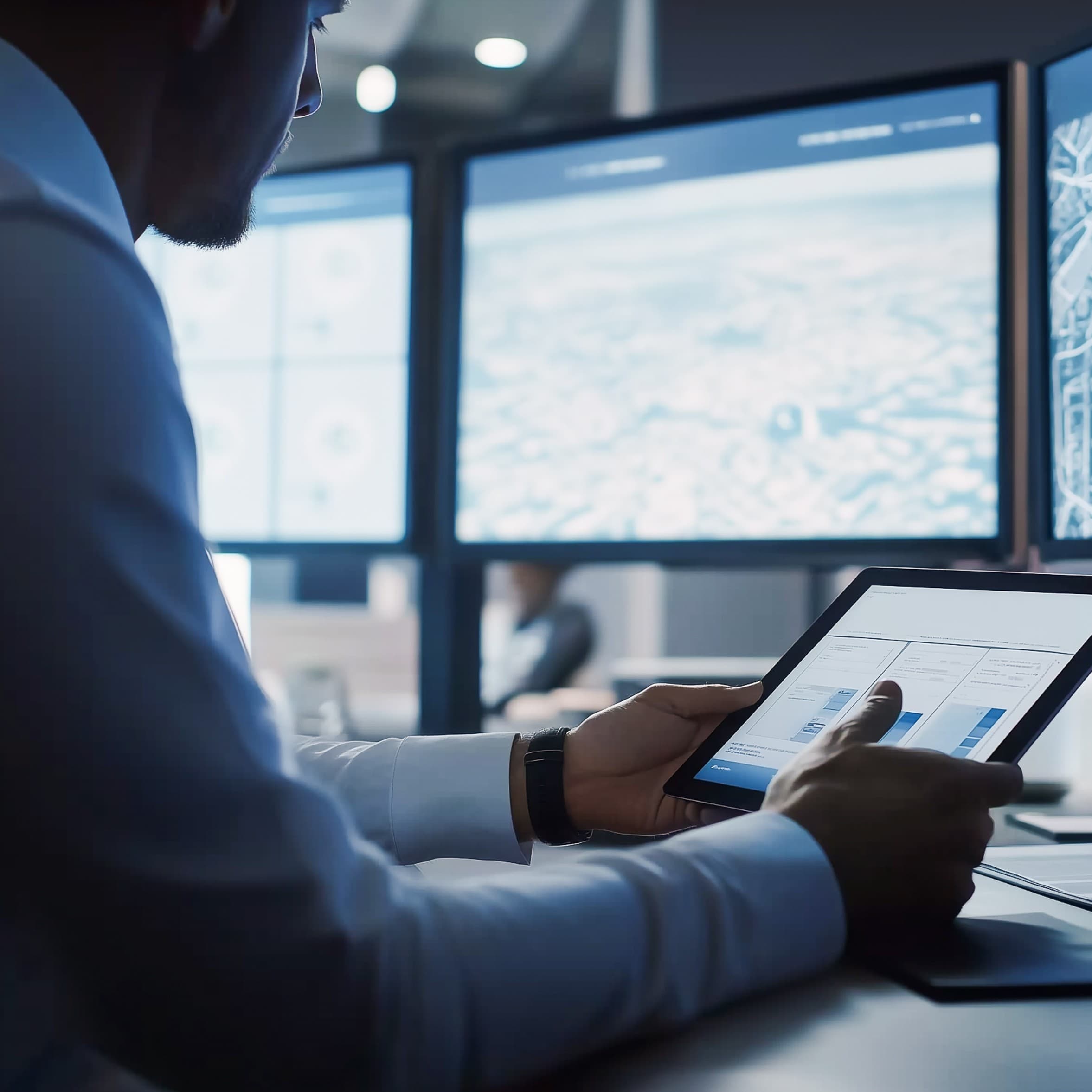 Professional reviewing fleet telematics data on a tablet, with multiple monitors displaying maps and analytics dashboards in a modern control room. Professional reviewing fleet telematics data on a tablet, with multiple monitors displaying maps and analytics dashboards in a modern control room.