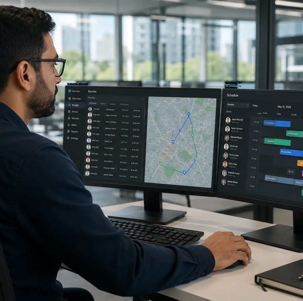 Fleet manager in a modern office reviewing live vehicle routes on dual monitors displaying scheduling and mapping software, making real-time route adjustments to support fleet management operations. Fleet manager in a modern office reviewing live vehicle routes on dual monitors displaying scheduling and mapping software, making real-time route adjustments to support fleet management operations.