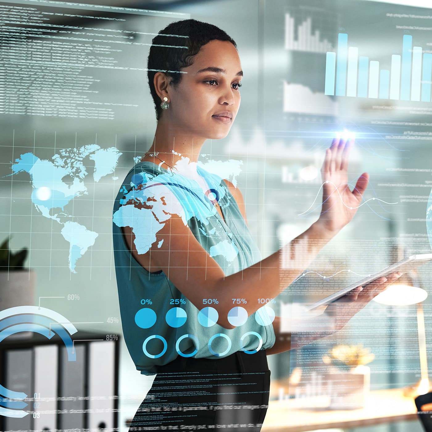 Business professional using a digital touchscreen interface with global data analytics and world map visualization. Business professional using a digital touchscreen interface with global data analytics and world map visualization.