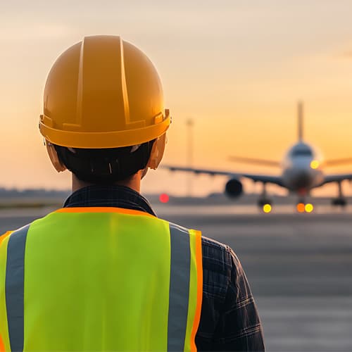 Airport worker wearing a yellow hard hat looking a airplane in distance Airport worker wearing a yellow hard hat looking a airplane in distance
