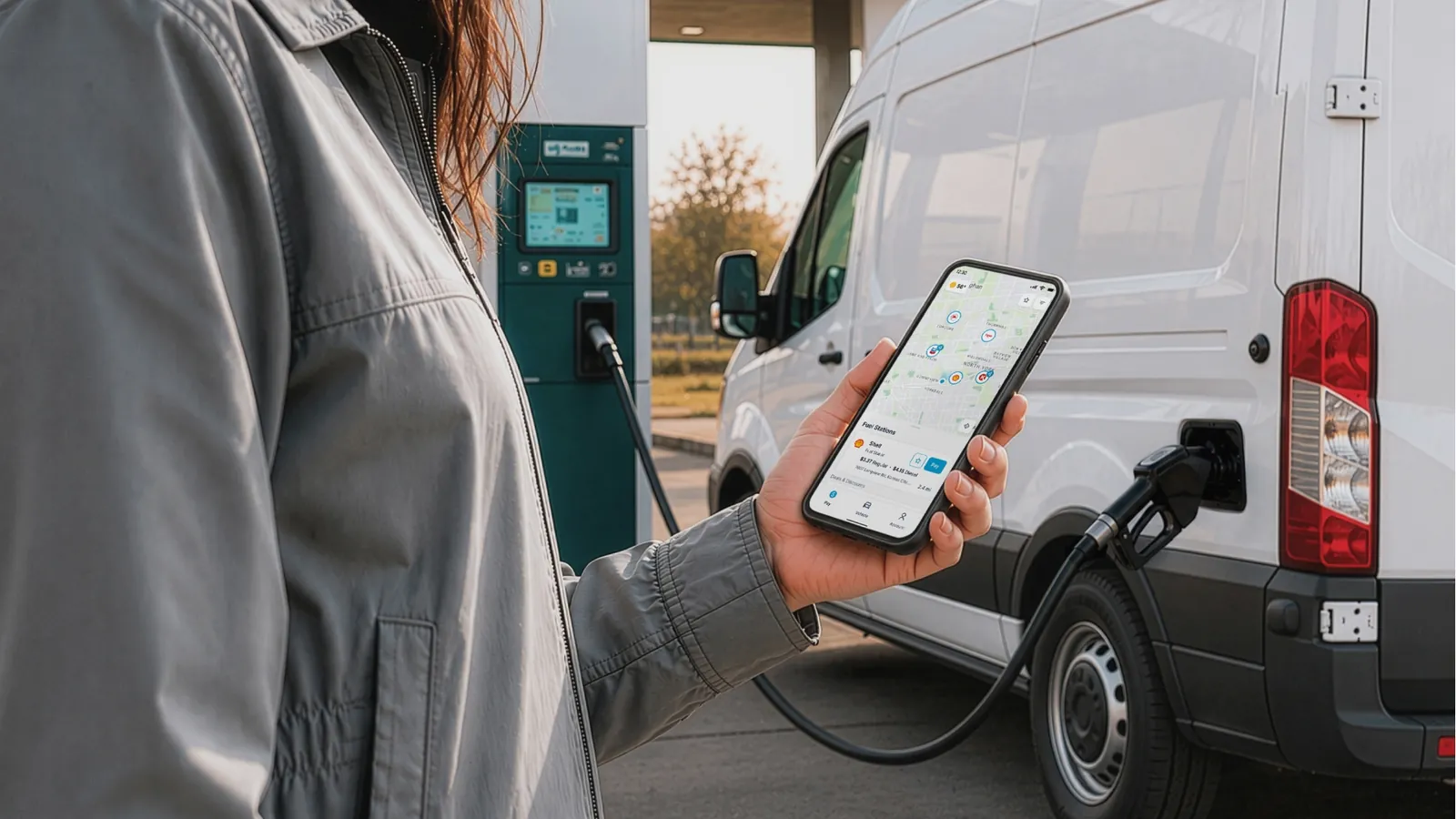 Driver using a Element pay mobile app to pay for fuel at a fleet fuel station. Driver using a Element pay mobile app to pay for fuel at a fleet fuel station.