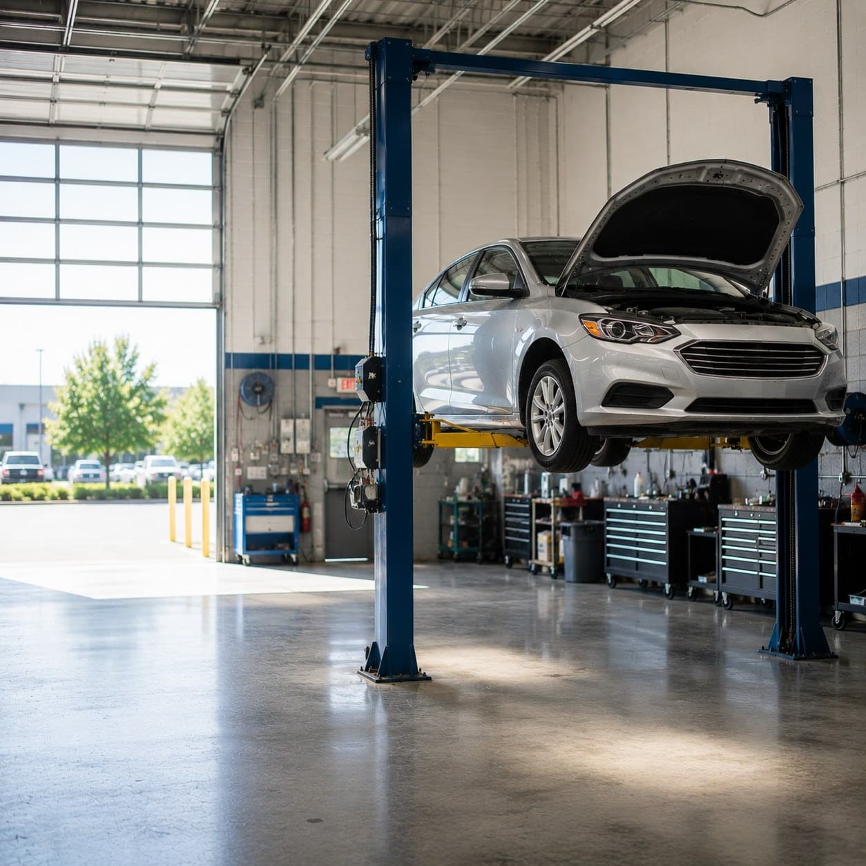 A fleet vehicle going through maintenance at a repair shop. A fleet vehicle going through maintenance at a repair shop.