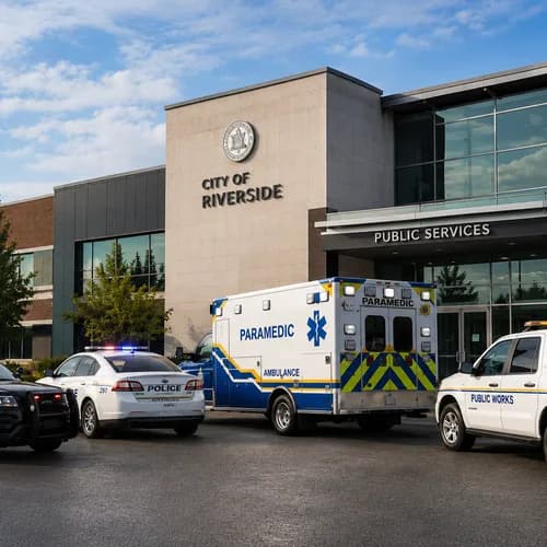 Government fleet vehicles, including police, emergency medical, and public works units, are positioned outside a municipal services building, illustrating a modern approach to government fleet management and public service operations. Government fleet vehicles, including police, emergency medical, and public works units, are positioned outside a municipal services building, illustrating a modern approach to government fleet management and public service operations.
