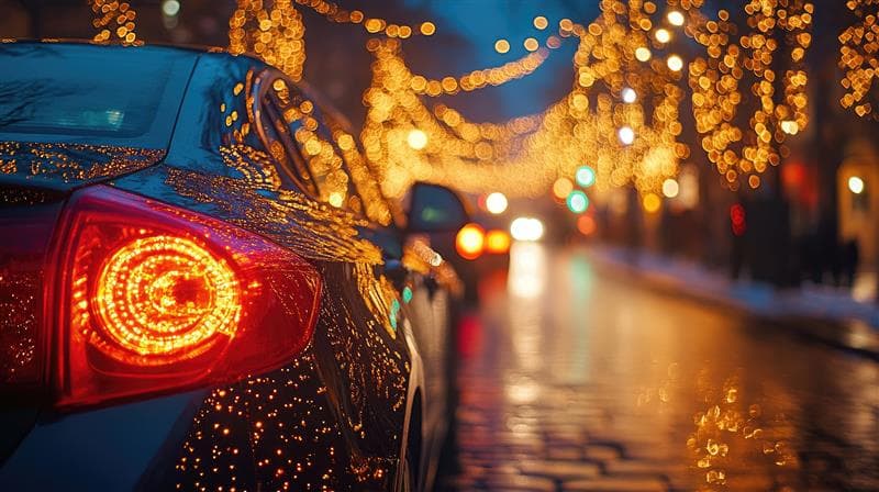 A close-up of a car’s rear taillight reflecting warm holiday lights along a wet city street at night, with blurred light strings and headlights in the background. A close-up of a car’s rear taillight reflecting warm holiday lights along a wet city street at night, with blurred light strings and headlights in the background.