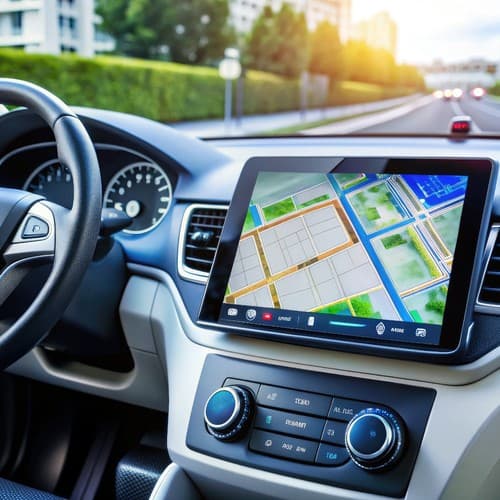 Interior of an autonomous vehicle showing fleet technology and navigation on the dashboard. Interior of an autonomous vehicle showing fleet technology and navigation on the dashboard.