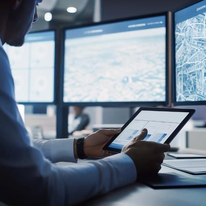 Person monitoring fleet data on digital screens. Person monitoring fleet data on digital screens.