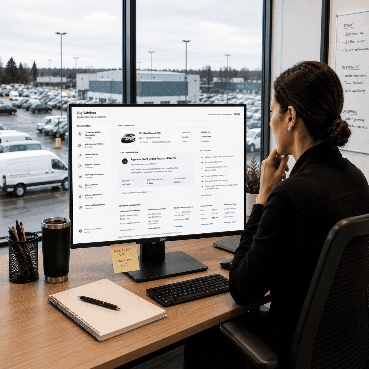 Professional reviewing AI-powered fleet maintenance recommendations on a desktop computer Professional reviewing AI-powered fleet maintenance recommendations on a desktop computer