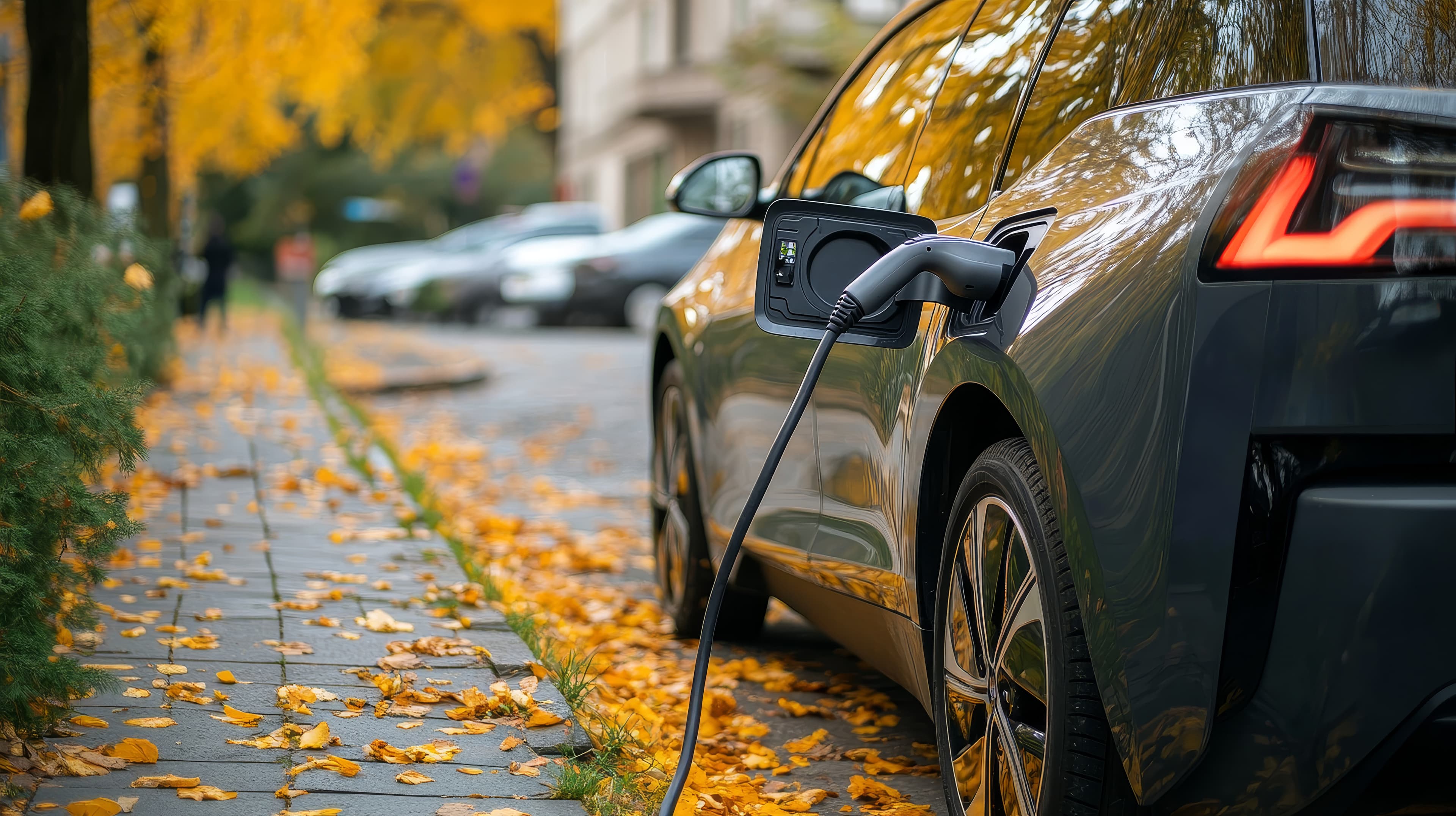 Electric vehicle charging on a residential street with autumn leaves on the ground. Electric vehicle charging on a residential street with autumn leaves on the ground.