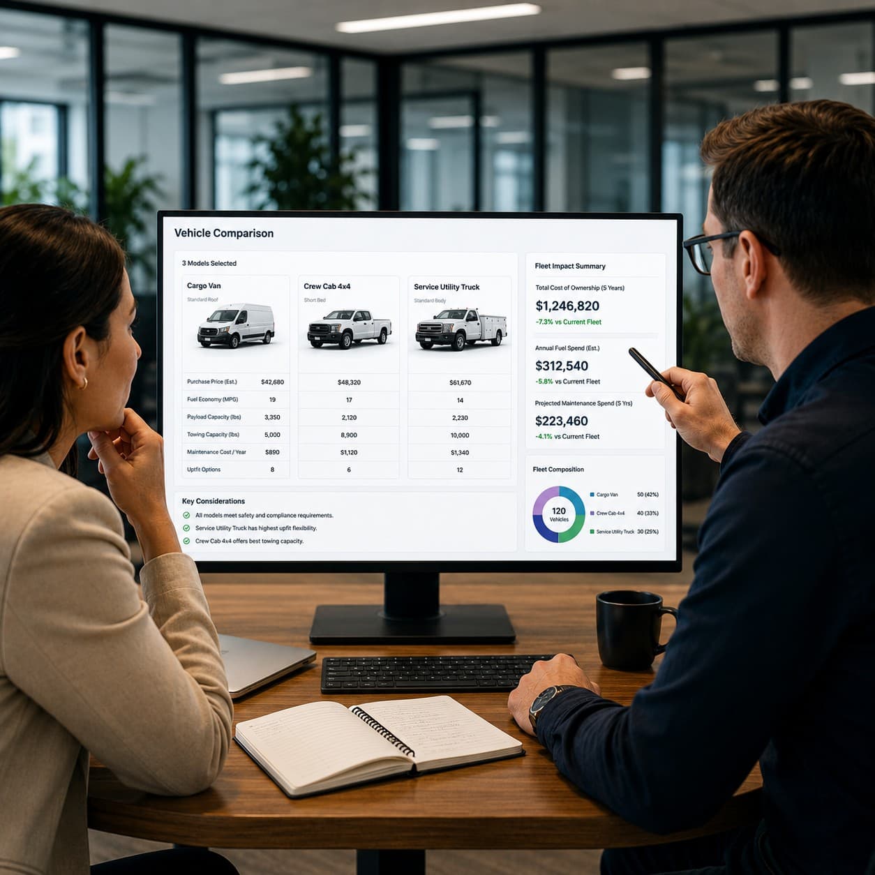 Fleet leaders compare fleet vehicle models and lifecycle cost data on a digital dashboard to support strategic fleet acquisition and replacement planning. Fleet leaders compare fleet vehicle models and lifecycle cost data on a digital dashboard to support strategic fleet acquisition and replacement planning.