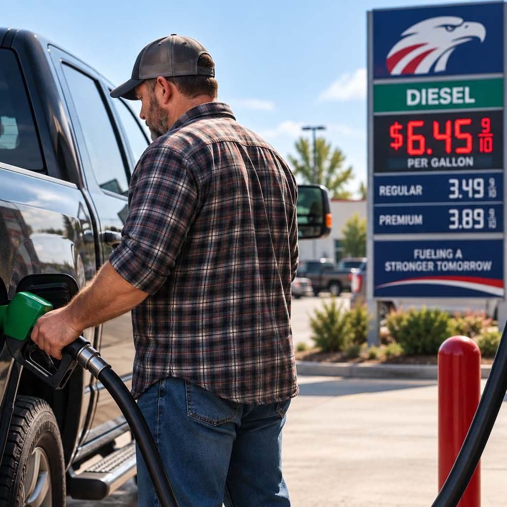Driver filling a pickup truck at a diesel pump showing diesel prices of $6.45 per gallon. Driver filling a pickup truck at a diesel pump showing diesel prices of $6.45 per gallon.