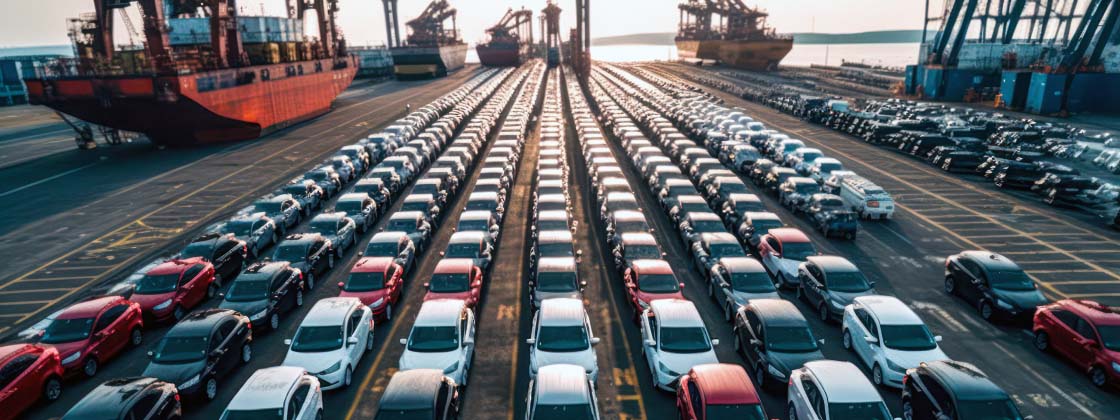 Rows of vehicles sit in lines aboard a large cargo ship.
