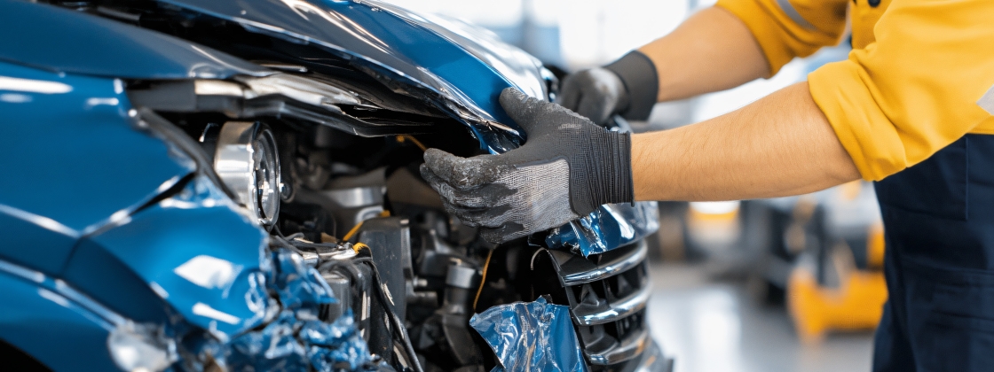 A mechanic works on the damaged hood of a blue sedan that has been in a fleet collision.