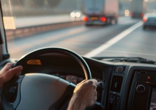 Man driving truck on freeway