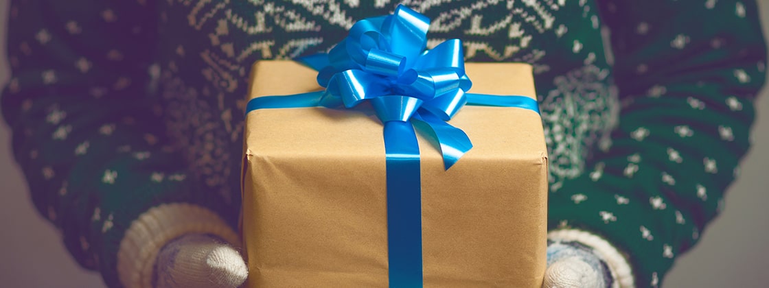 a person holding a wrapped Christmas gift