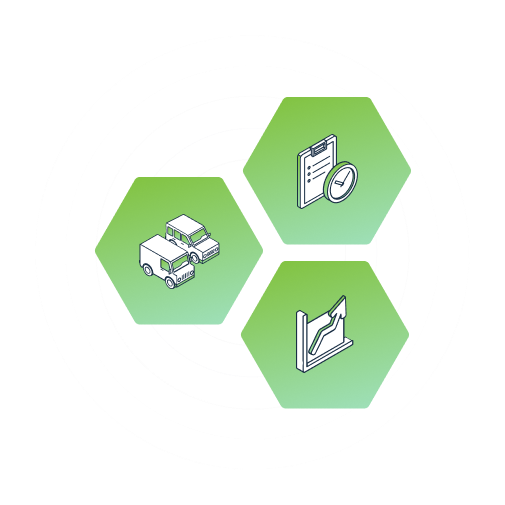 Image of three hexes with icons of fleet management