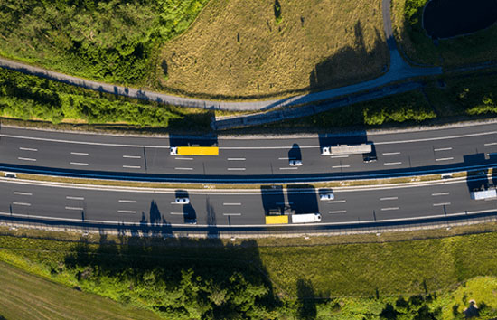 Overhead view of highway with vehicles traveling